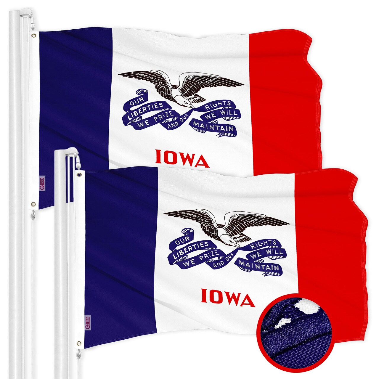 G128 2 Pack: Iowa IA Deluxe State Flag | 3x5 Ft | ToughWeave Series Embroidered 300D Polyester | Embroidered Design, Indoor/Outdoor, Vibrant Colors, Brass Grommets